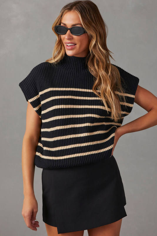 Black Striped Ribbed Knit High Neck Sweater