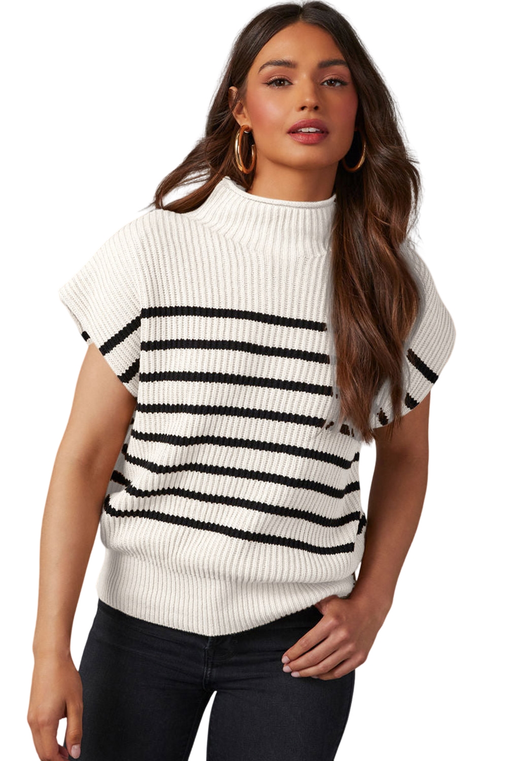 White Striped Ribbed Knit High Neck Sweater