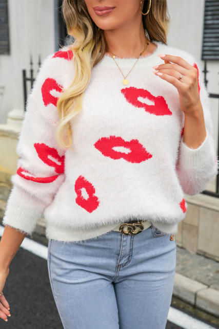 White Valentine Kisses Fuzzy Sweater