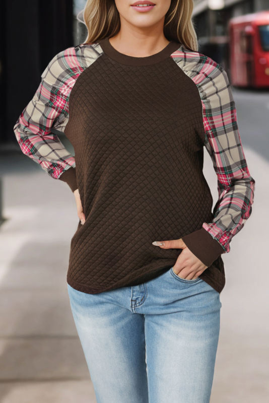 Brown Plaid Raglan Sleeve Sweatshirt