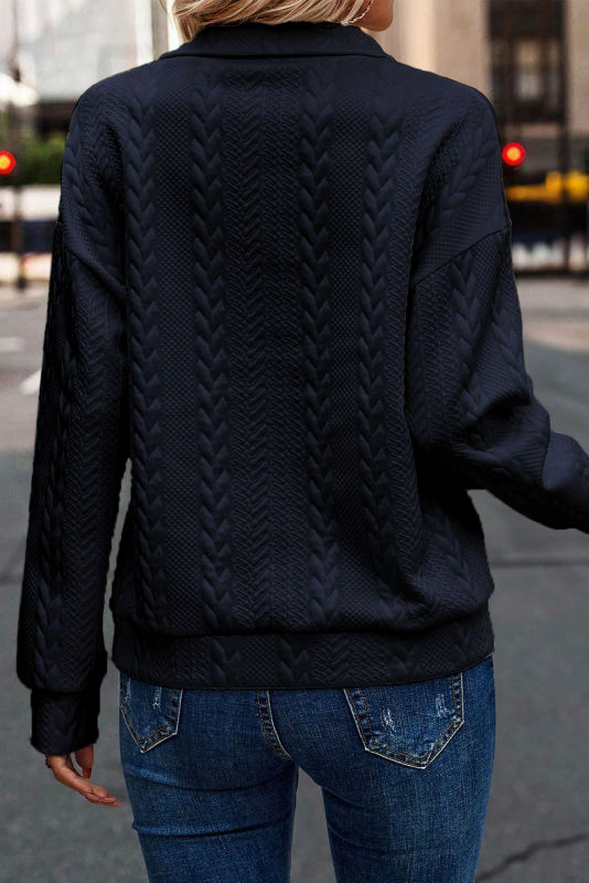 Black blue Zip up Cable Textured Sweatshirt