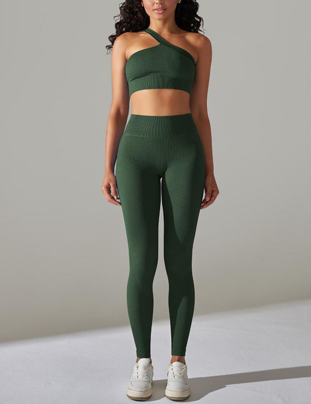 Green Rib Yoga Bra and High Wait Pant Set