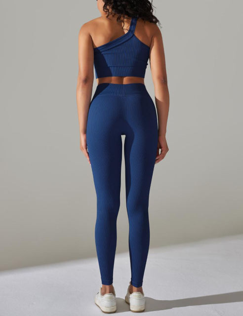 Navy Blue Rib Yoga Bra and High Wait Pant Set