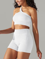 White Rib Yoga Bra and High waist Shorts Set
