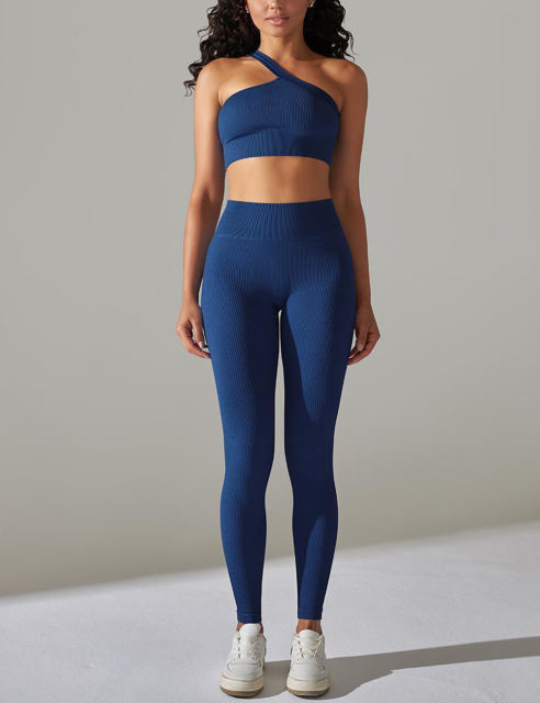 Navy Blue Rib Yoga Bra and High Wait Pant Set