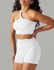 White Rib Yoga Bra and High waist Shorts Set