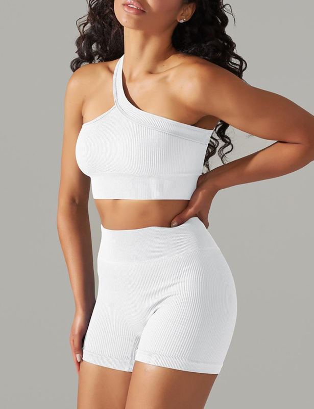 White Rib Yoga Bra and High waist Shorts Set