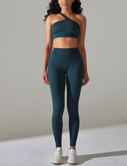 Blue-green Rib Yoga Bra and High Wait Pant Set