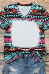 Green Western Print Bleached V Neck Short Sleeve Top