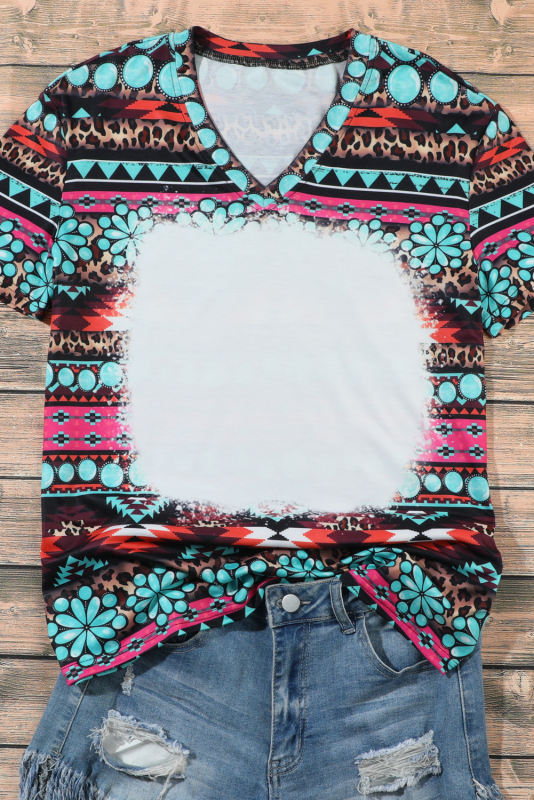 Green Western Print Bleached V Neck Short Sleeve Top