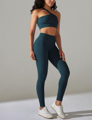 Blue-green Rib Yoga Bra and High Wait Pant Set