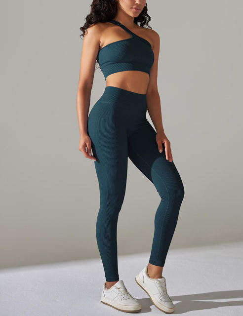 Blue-green Rib Yoga Bra and High Wait Pant Set