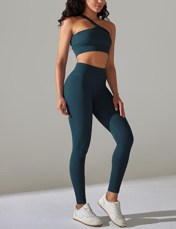 Blue-green Rib Yoga Bra and High Wait Pant Set