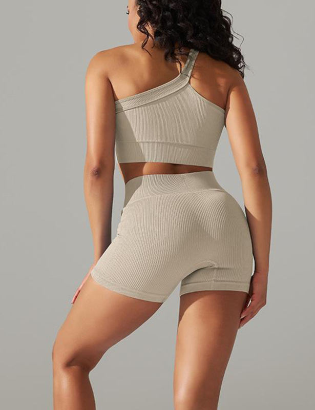 Khaki Rib Yoga Bra and High waist Shorts Set