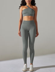 Gray Rib Yoga Bra and High Wait Pant Set