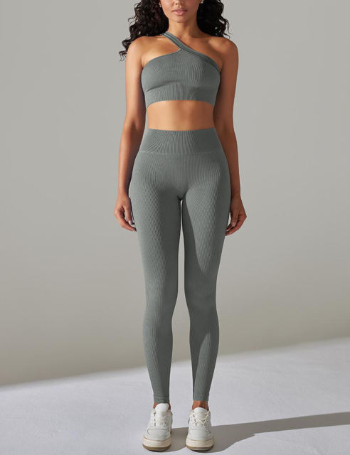 Gray Rib Yoga Bra and High Wait Pant Set