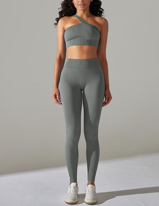 Gray Rib Yoga Bra and High Wait Pant Set