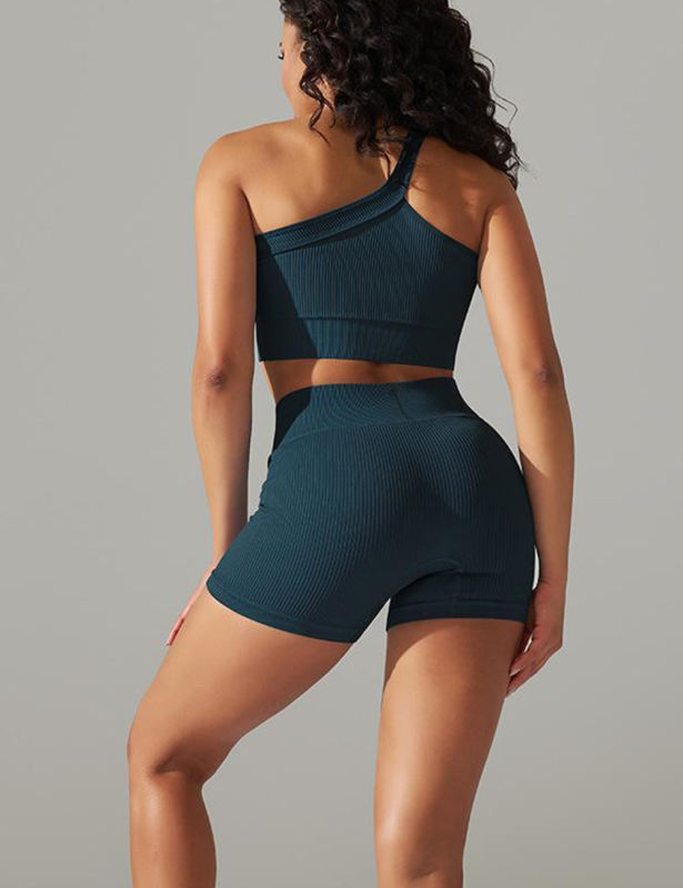 Blue-green Rib Yoga Bra and High waist Shorts Set