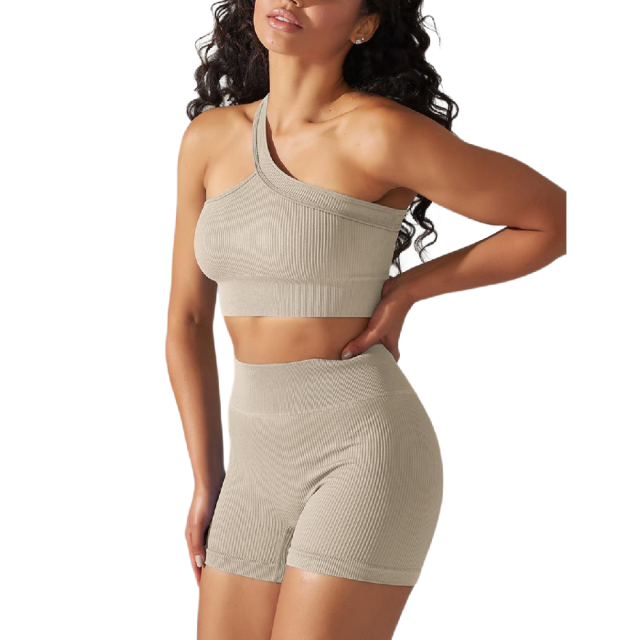 Khaki Rib Yoga Bra and High waist Shorts Set