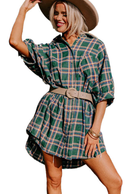 Green Oversized Plaid Half Sleeve Tunic Shirt