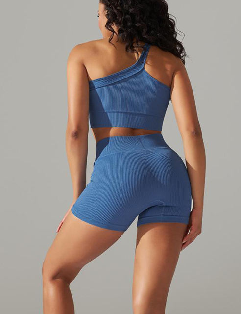 Blue Rib Yoga Bra and High waist Shorts Set