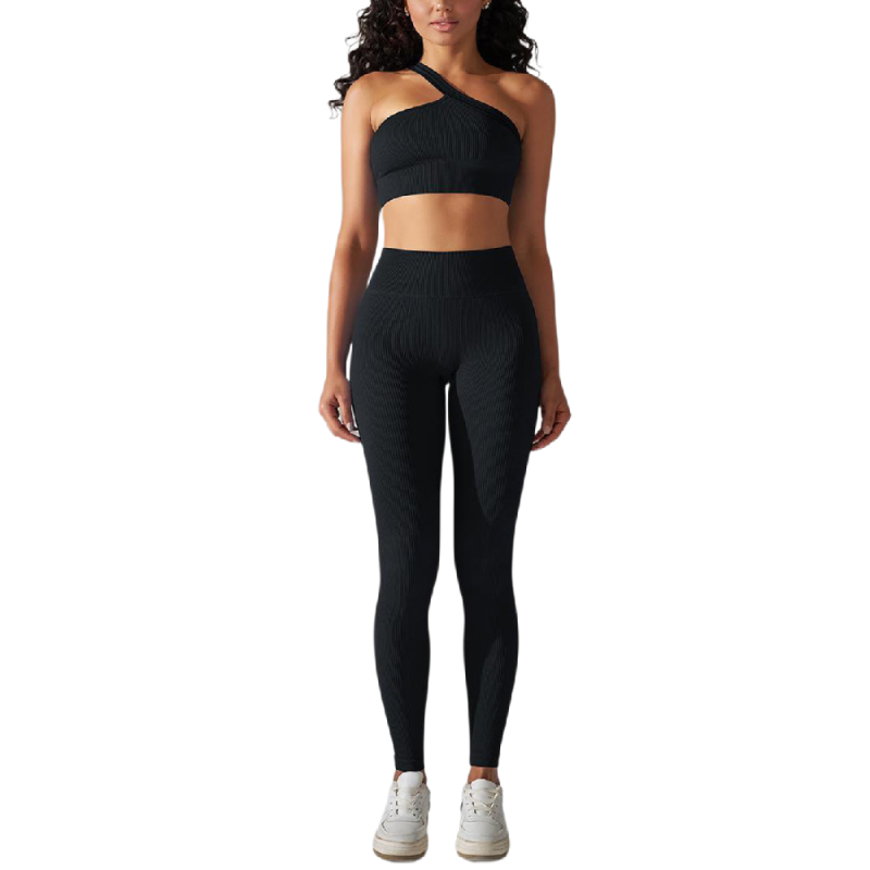 Black Rib Yoga Bra and High Wait Pant Set