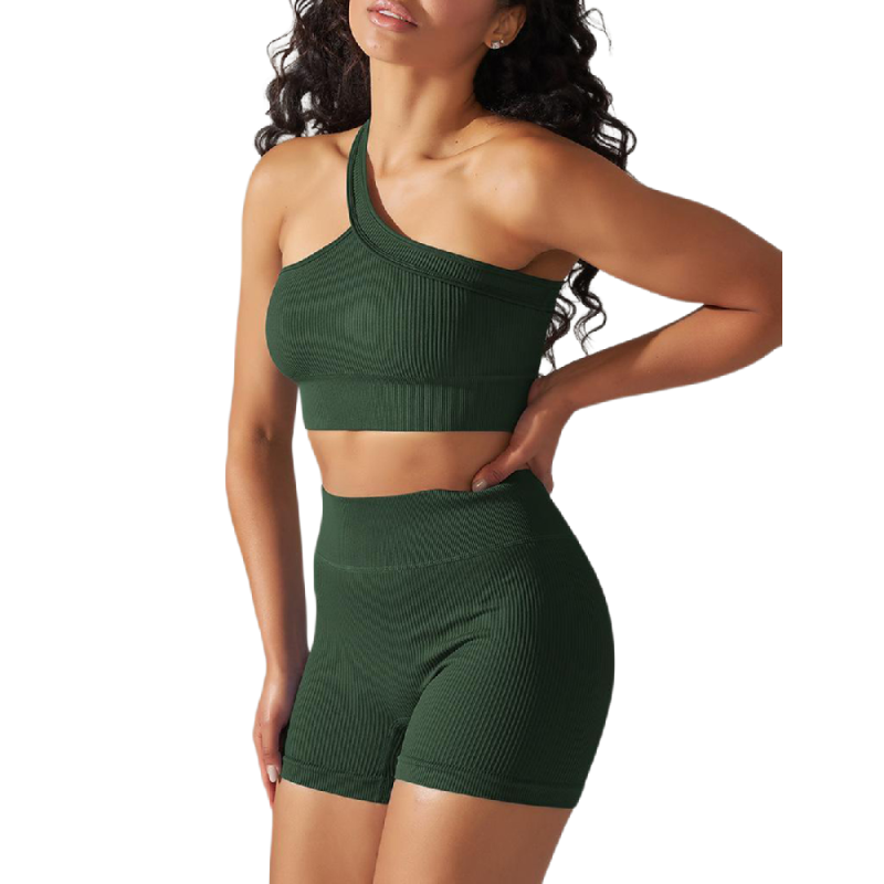 Green Rib Yoga Bra and High waist Shorts Set