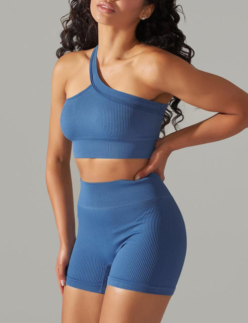 Blue Rib Yoga Bra and High waist Shorts Set