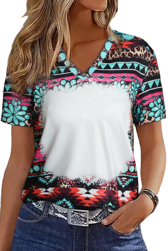 Green Western Print Bleached V Neck Short Sleeve Top