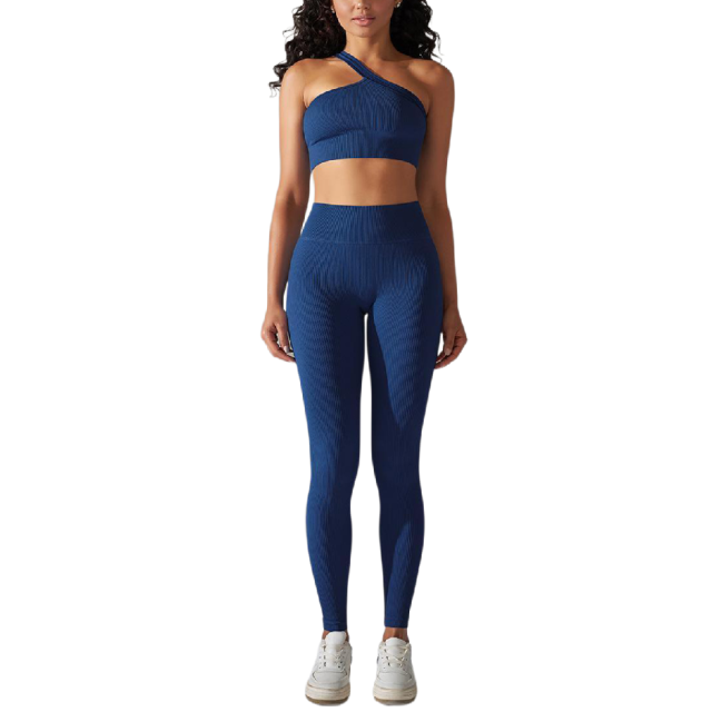 Navy Blue Rib Yoga Bra and High Wait Pant Set