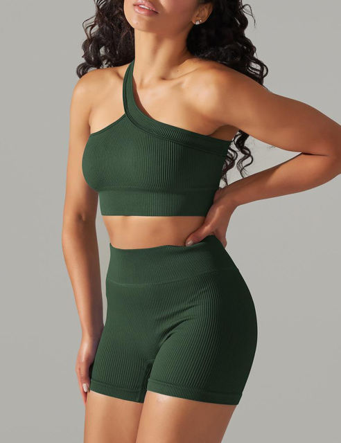 Green Rib Yoga Bra and High waist Shorts Set