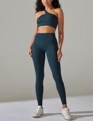 Blue-green Rib Yoga Bra and High Wait Pant Set