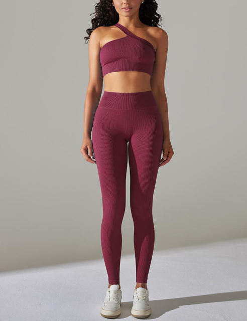 Wine Red Rib Yoga Bra and High Wait Pant Set