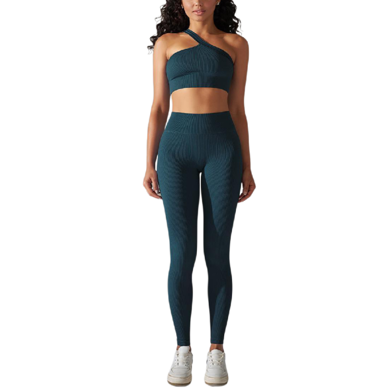 Blue-green Rib Yoga Bra and High Wait Pant Set
