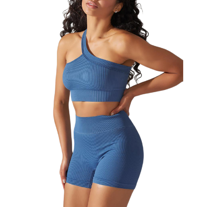 Blue Rib Yoga Bra and High waist Shorts Set