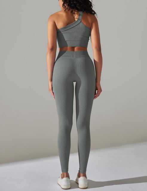 Gray Rib Yoga Bra and High Wait Pant Set