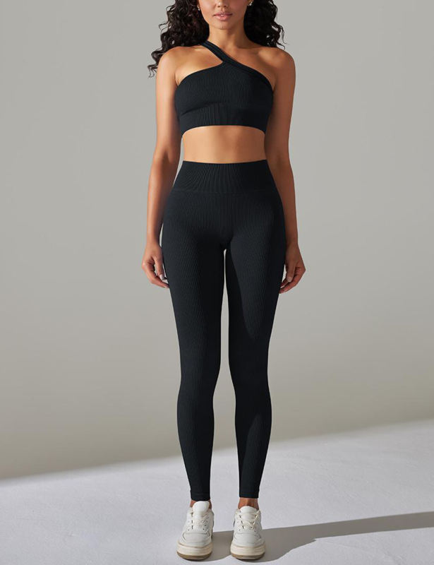 Black Rib Yoga Bra and High Wait Pant Set