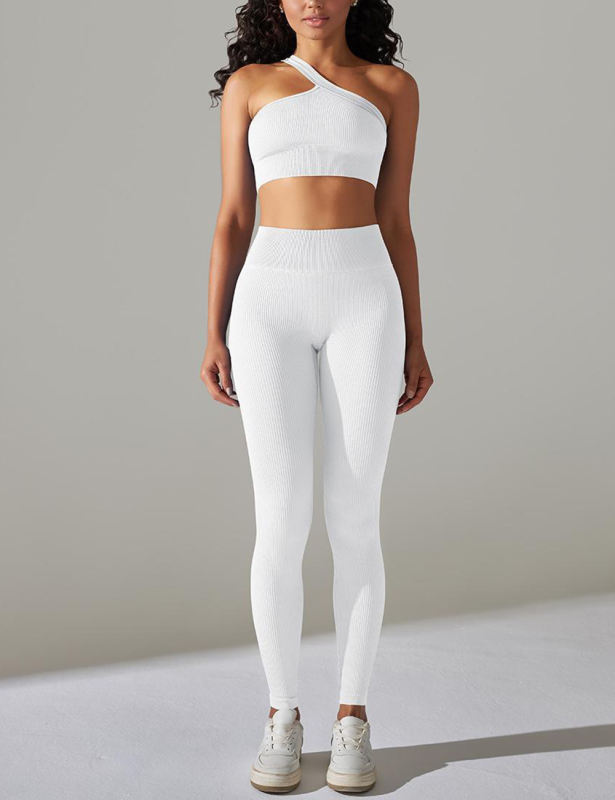 White Rib Yoga Bra and High Wait Pant Set