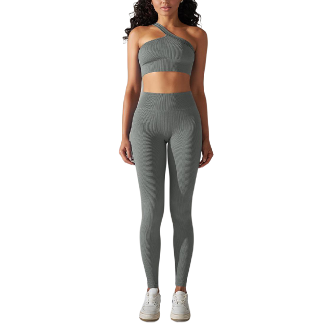 Gray Rib Yoga Bra and High Wait Pant Set