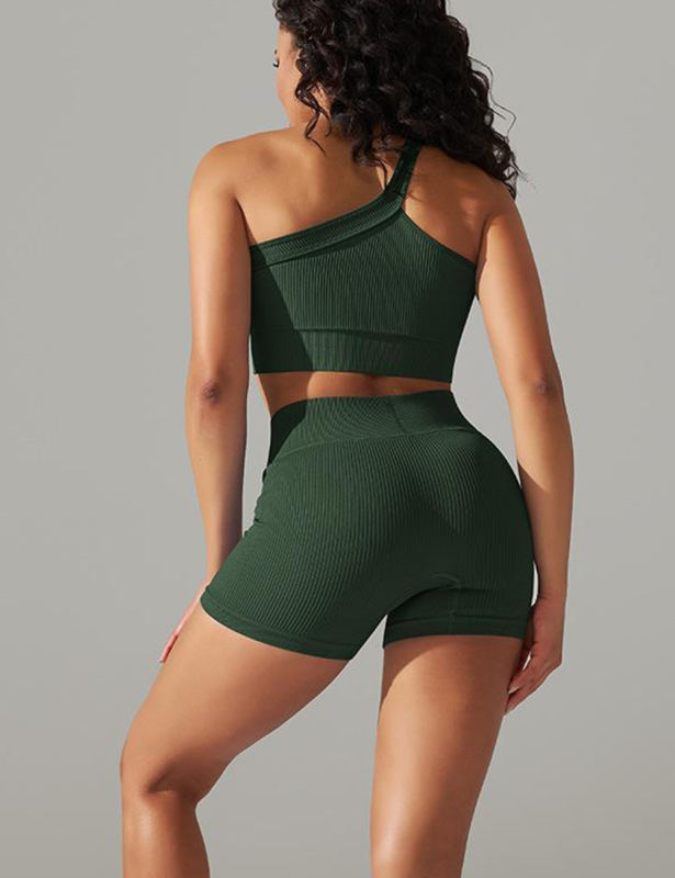 Green Rib Yoga Bra and High waist Shorts Set