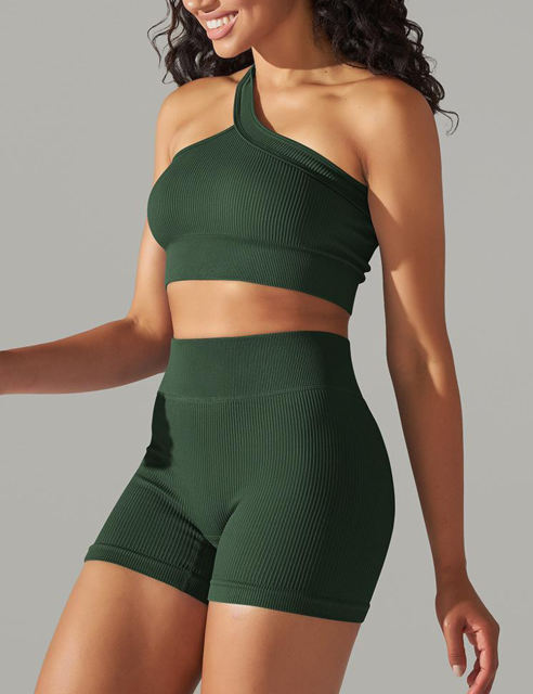 Green Rib Yoga Bra and High waist Shorts Set