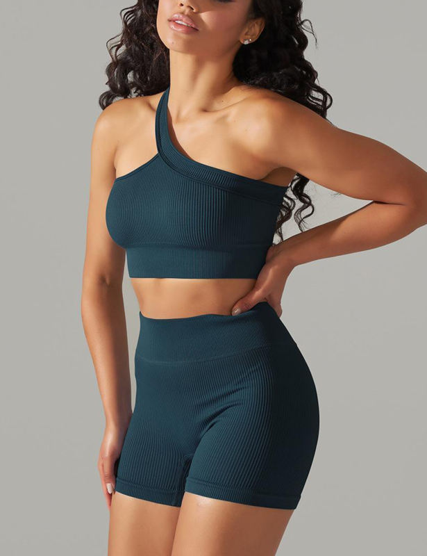 Blue-green Rib Yoga Bra and High waist Shorts Set