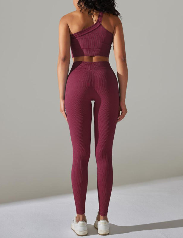 Wine Red Rib Yoga Bra and High Wait Pant Set