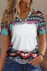 Green Western Print Bleached V Neck Short Sleeve Top