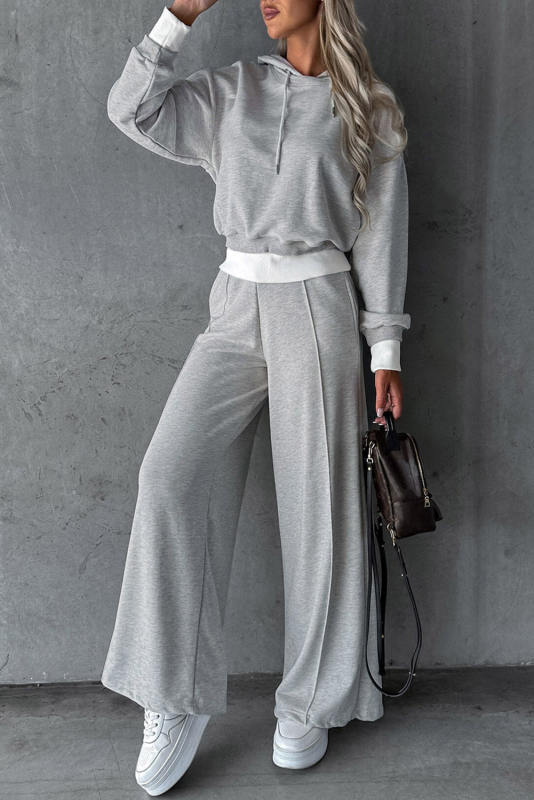 Drawstring Hoodie Splicing Wide-Leg Pants Two Piece Set