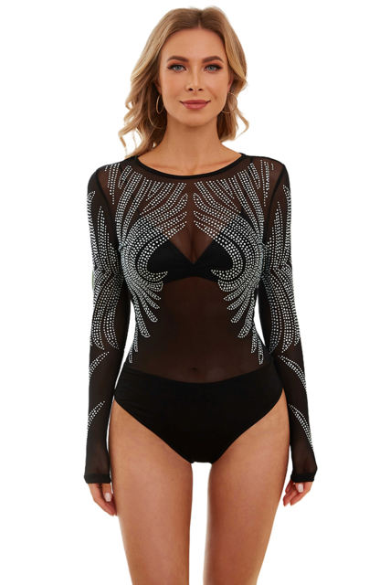 Black Round Neck Rhinestone Mesh Long Sleeve Bodysuit