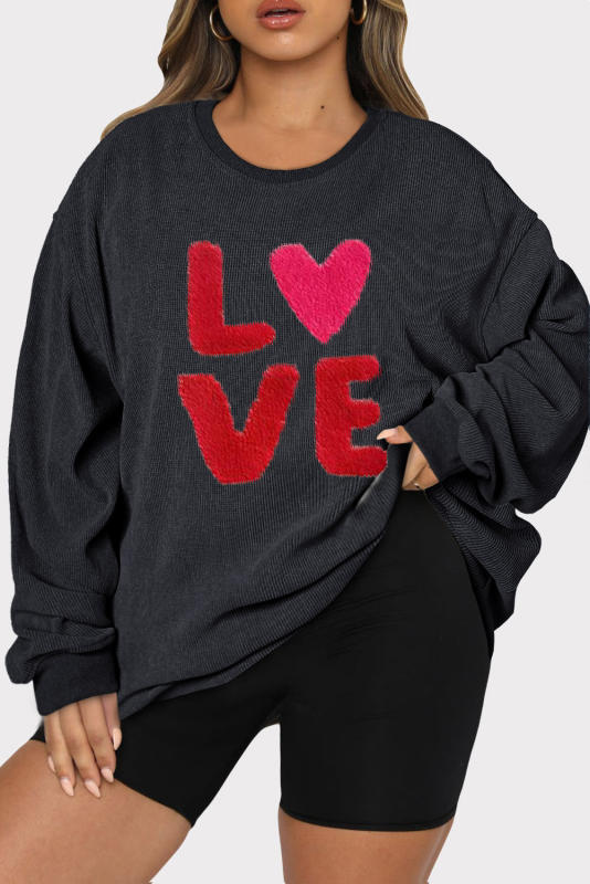 Black LOVE Letter Graphic Plus Size Corded Sweatshirt