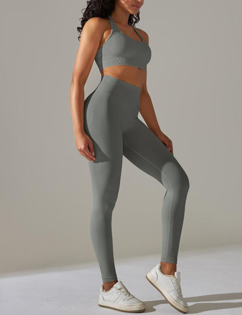 Dark Gray Seamless Knit Halter Yoga Bra and Legging Set