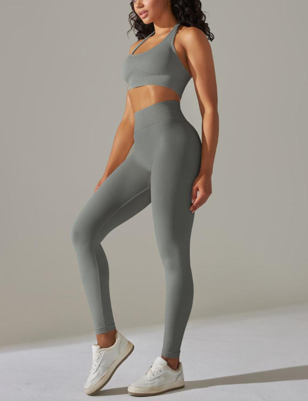 Dark Gray Seamless Knit Halter Yoga Bra and Legging Set