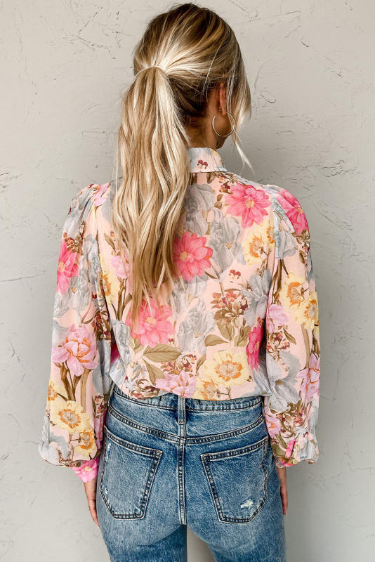 Pink All Floral Puff Sleeve Collared Shirt